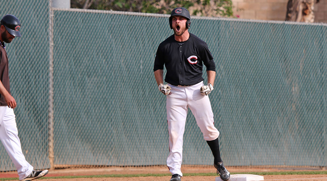Conner Larkin celebrates after hitting a triple