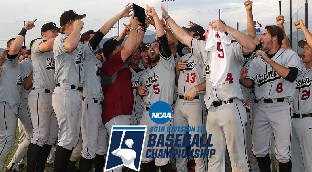 The Chapman baseball team celebrates winning the SCIAC Championship with Coach Laverty.
