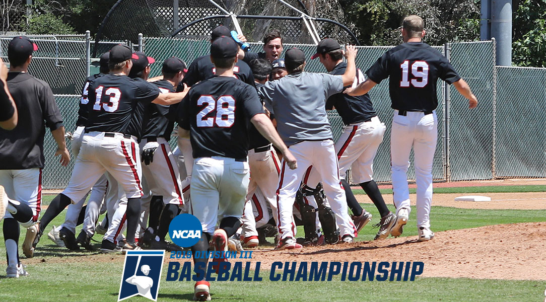 The Chapman University baseball team dogpiles after winning the SCIAC Championship.