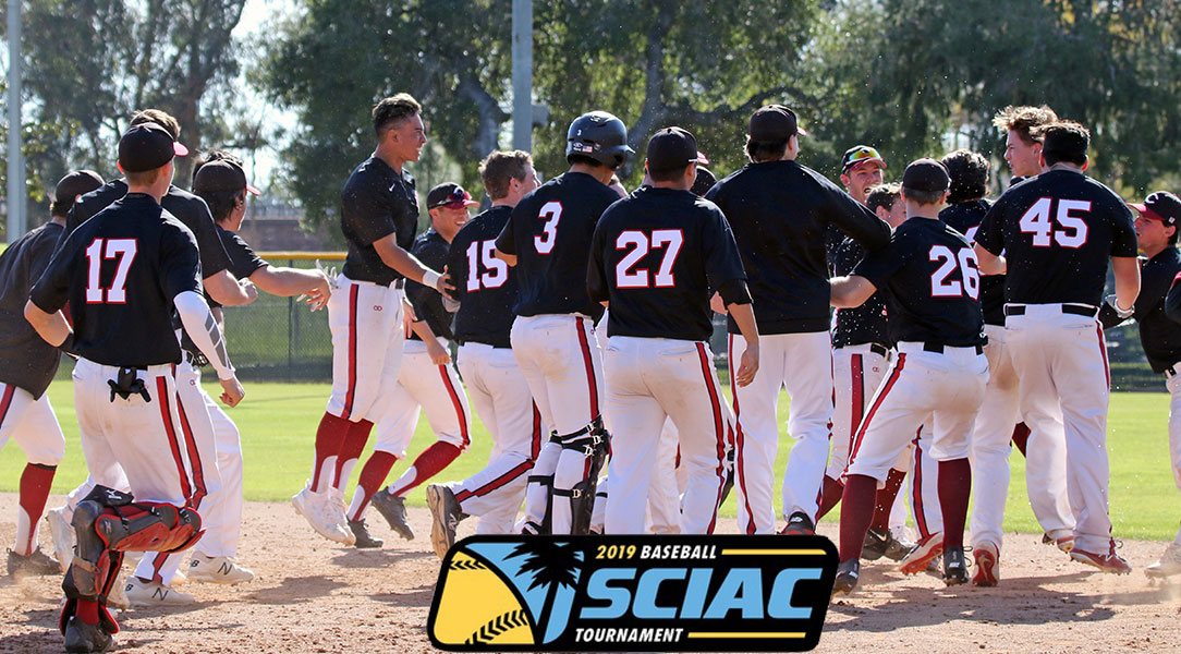 The baseball team celebrates a walk-off victory.