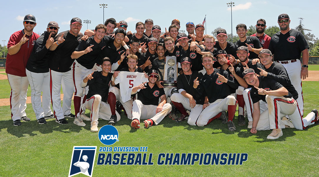 The Chapman baseball team poses with the Super Regional trophy.