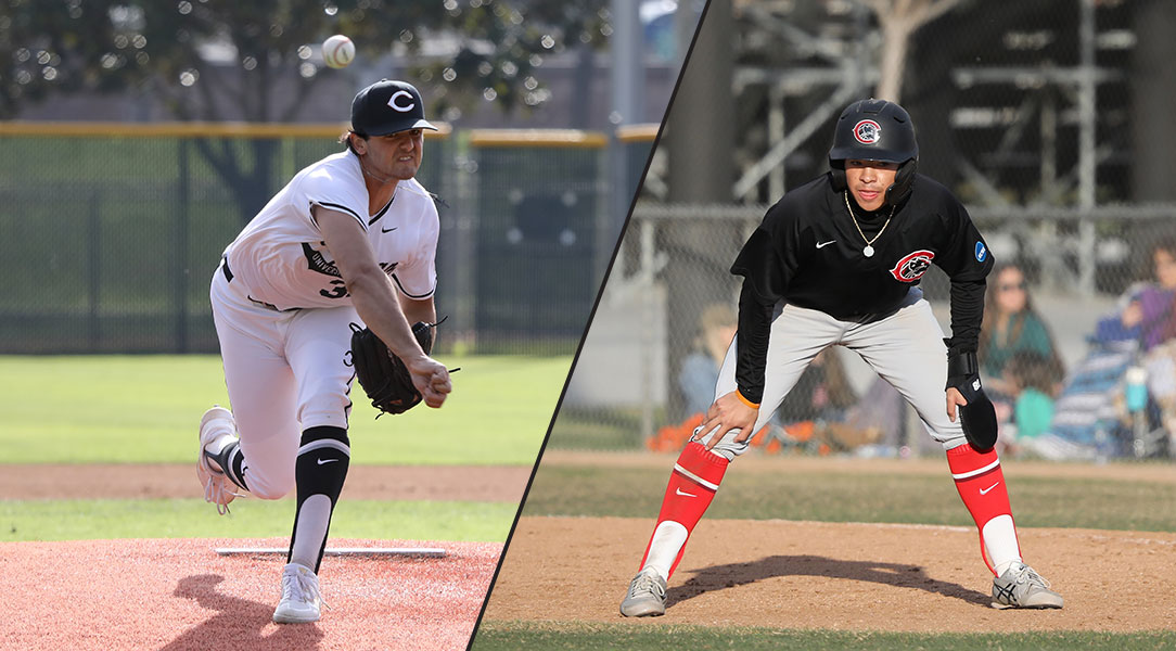 Split screen of Nick Garcia pitching and Brad Shimabuku on first base.