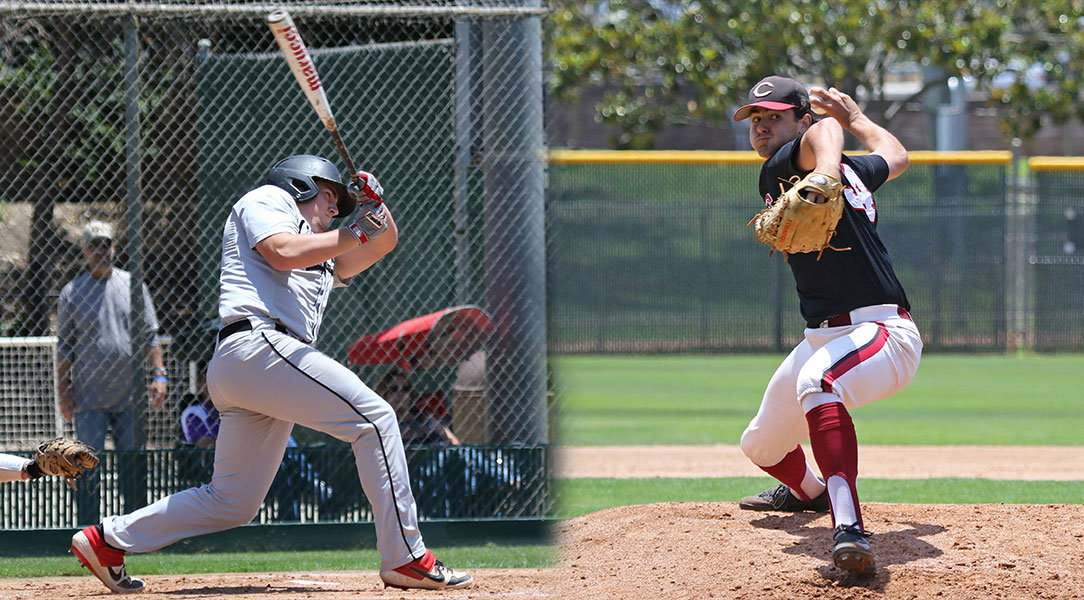 Henry Zeisler swings at a pitch. Nick Garcia throws a pitch.