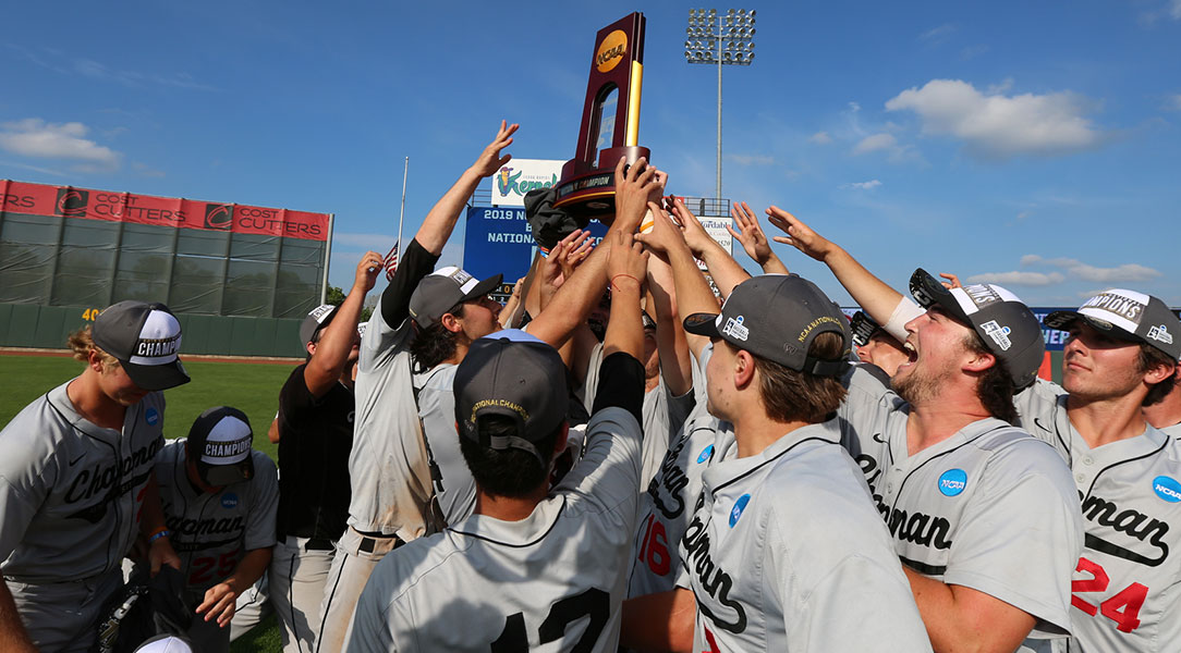 The team lifts the trophy in celebration.