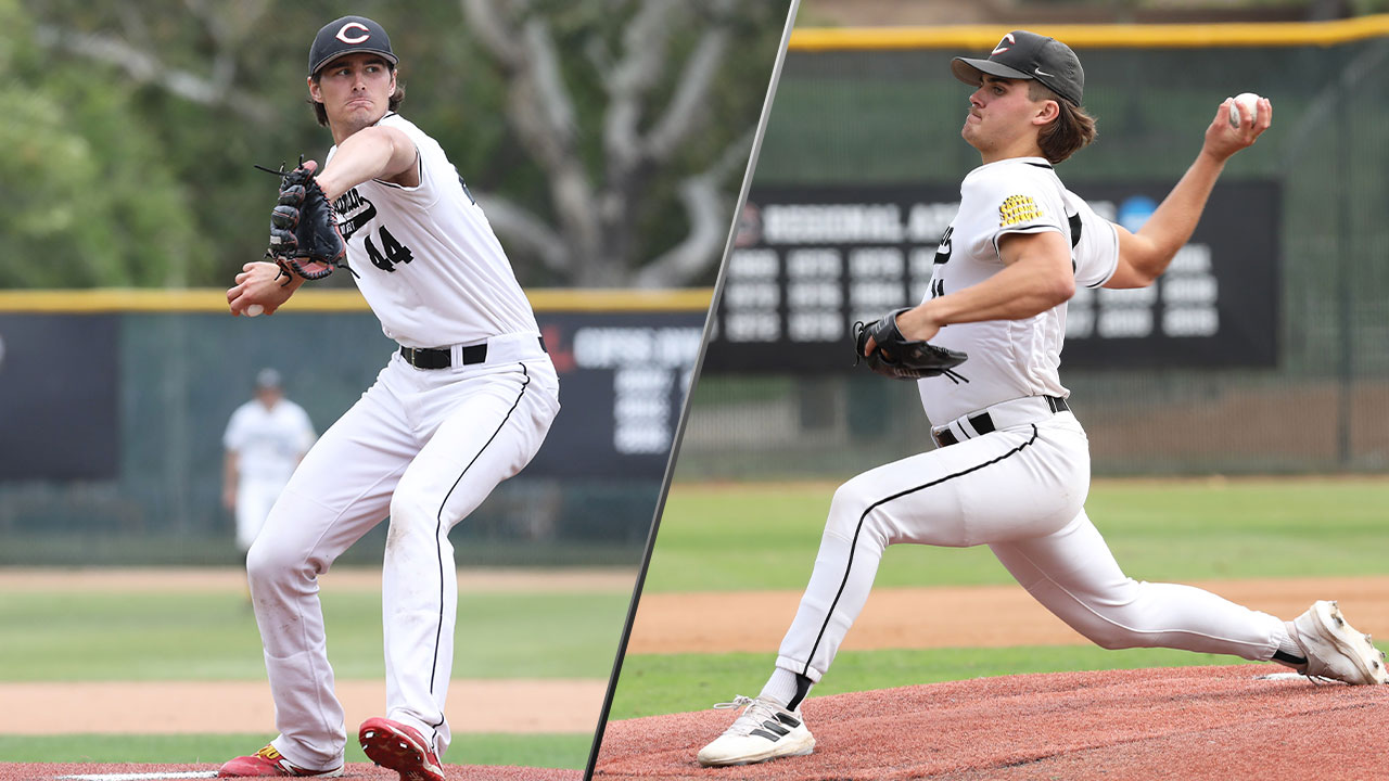 Split picture with Grant Manning and Wyatt Thompson pitching.