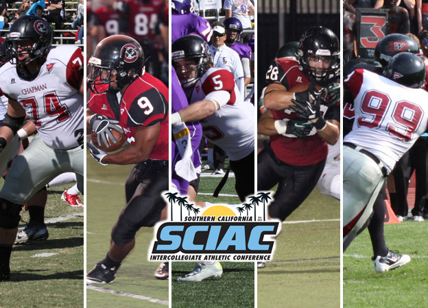 All-SCIAC First Team (from left to right): D.J. Brandel, Jeremiah McKibbins, Michael Mehlhaff, Cameron Cutter, Kevin Anderson