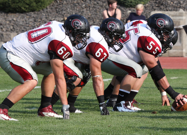 Offensive Line (left to right): Andrew Palacios, Justin LaLonde and Chris Collodel (photo by Larry Newman)