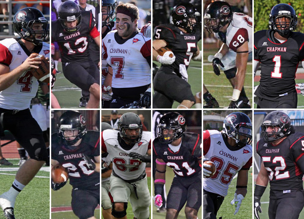 All-SCIAC honorees (clockwise from left): Michael Lahey, Markus Trujillo, Greg Johnson, Kean Stancil, Chris Hicks, Robin Harris, Samir Hanna, Anthony Ezeakunne, Osayande Aikonbare, Justin LaLonde, Cody Chapple (Larry Newman Photography)