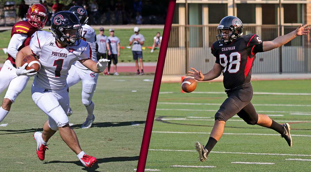 Nico Ragas returns a kick, Elias Deeb punts a ball.