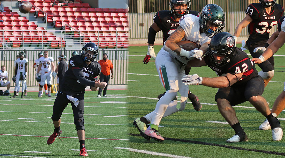 Ian Fieber throws the football; Curt Calomeni tackles the running back.