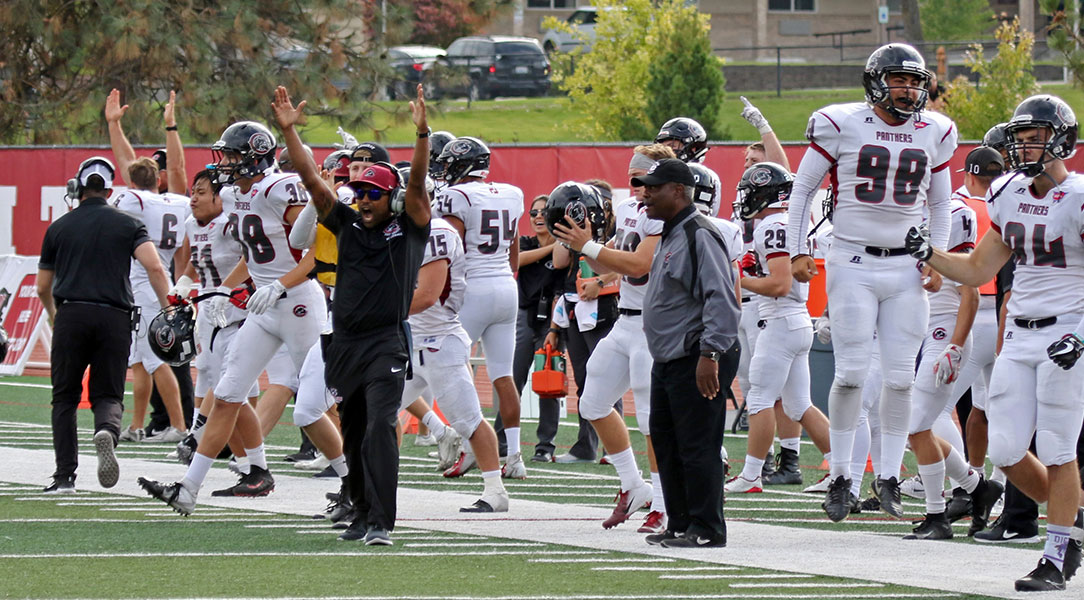The sideline celebrates a touchdown.