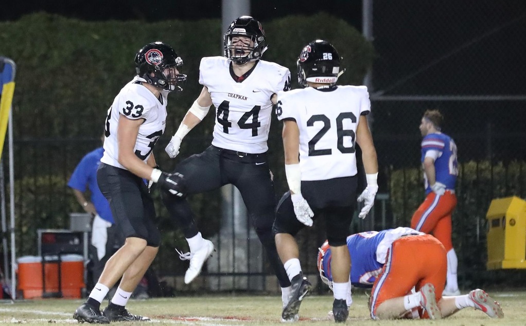 Dillon Keefe leaps in celebration after a sack.