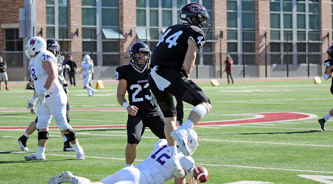 Dillon Keefe leaps in celebration after a sack.