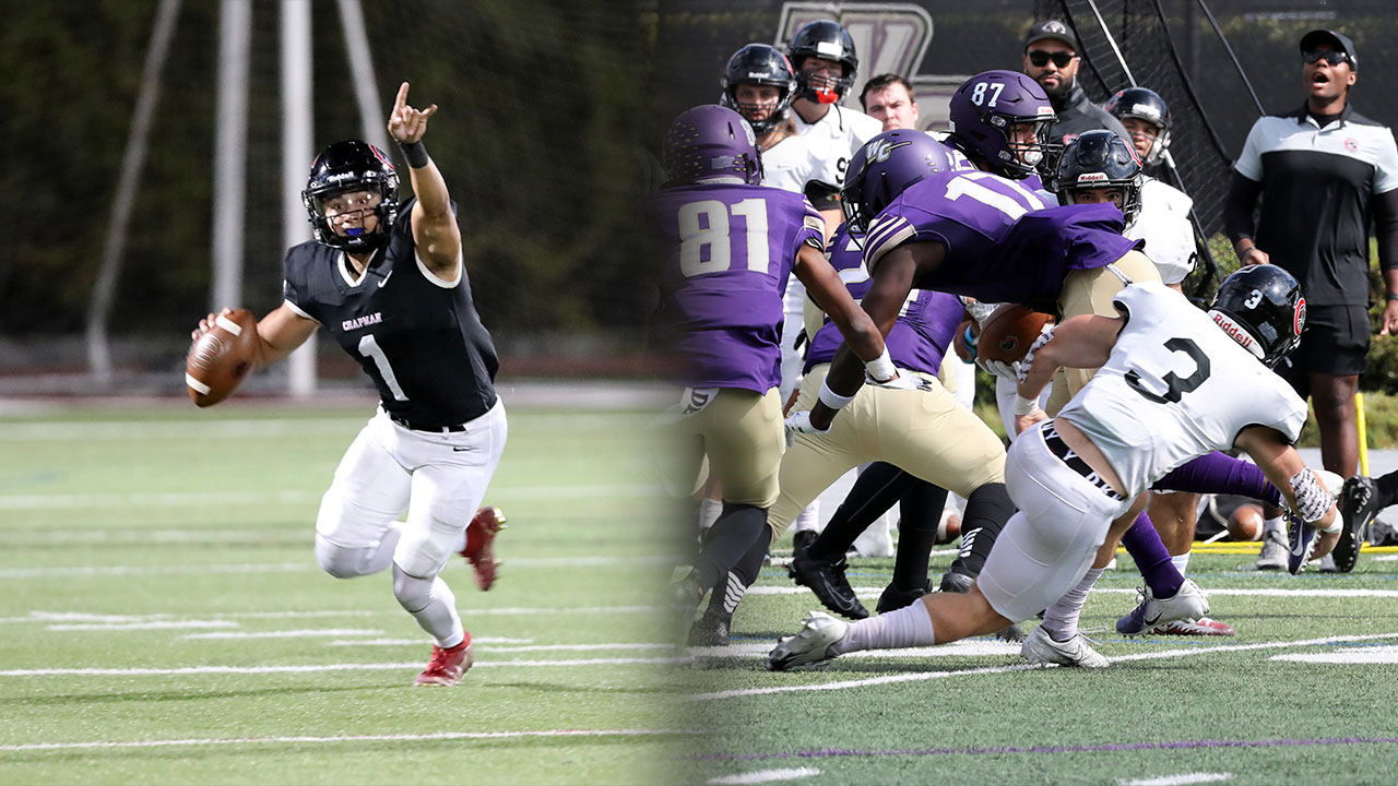 Nathaniel Espinoza directs a receive and Tanner Mendoza makes a tackle.