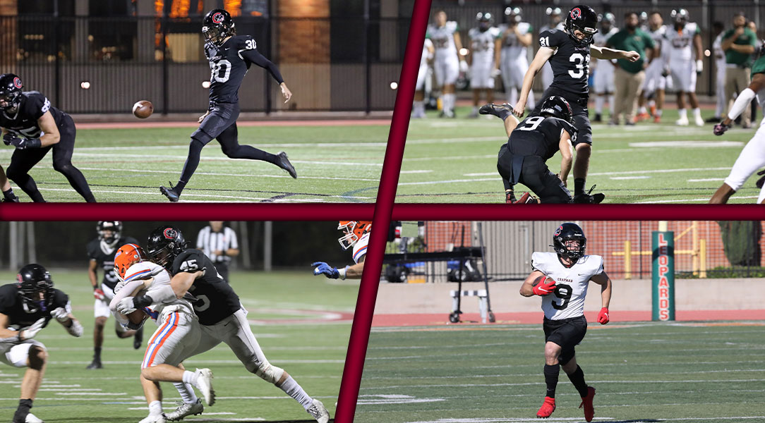 Quadrants of photos of Owen Tapia, Ken Baierl, Alexander Terriquez and Wyatt Hardin playing football.