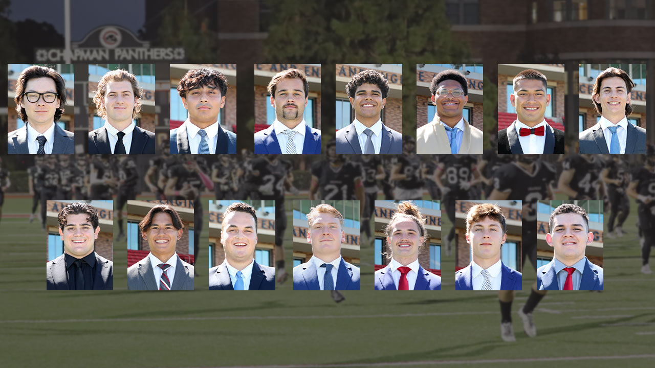 Headshots of the 15 football players selected to All-SCIAC teams.
