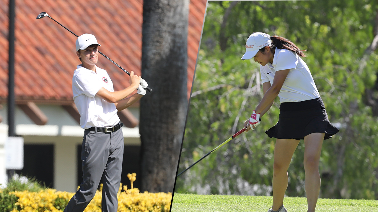 Conner Conley (left), Rachel Truong (right) hit tee shots.