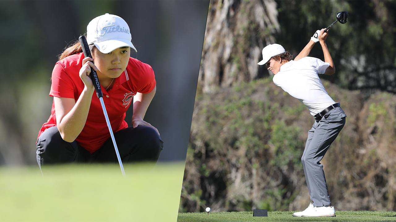 Rachel Truong lines up a putt and Conner Conley tees off.