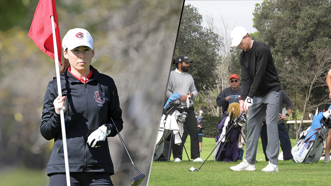 Danielle DeKock holds the flag stick (left, photo by Larry Newman) Arthur Venderby readies his tee shot (right)