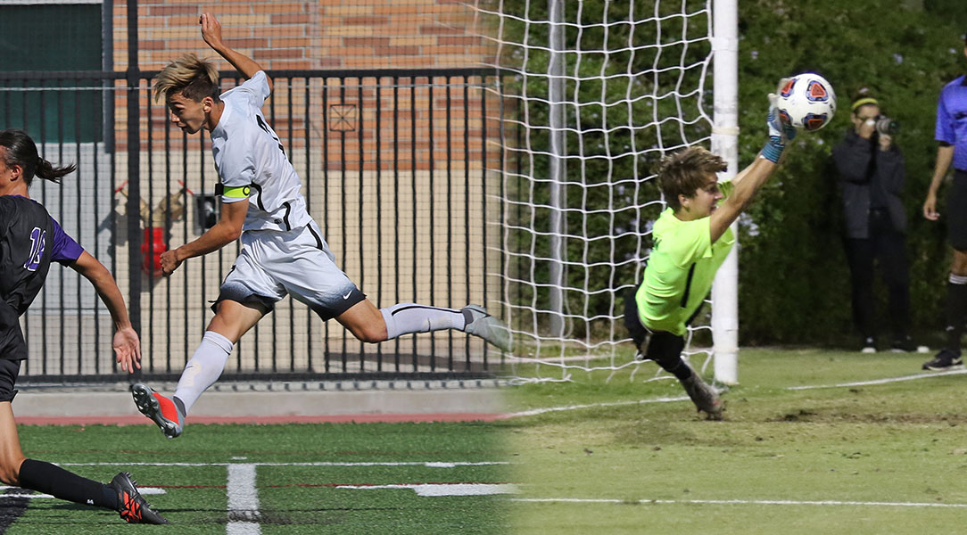 Kai Howe taking a shot and Chandler Siemonsma making a save.