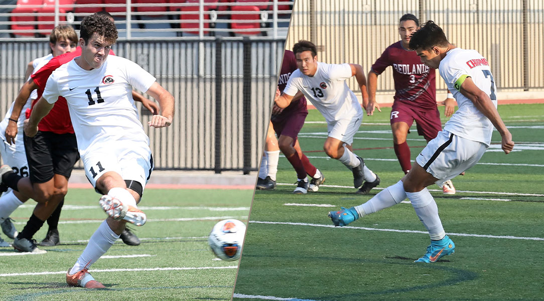Aidan Wall on left and Tobi Howe on right shooting at the goal on the soccer field. 