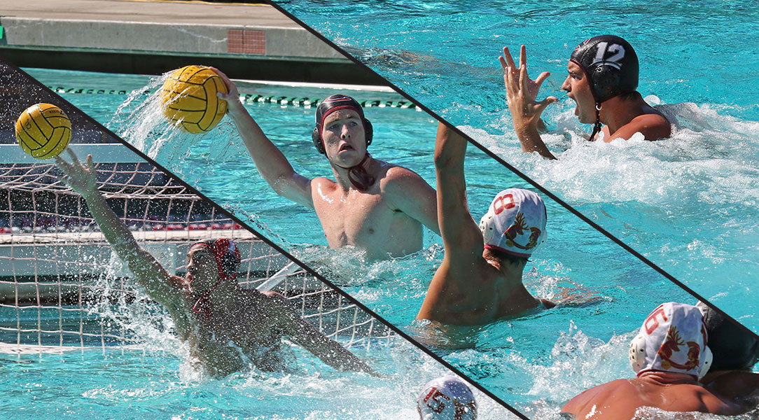 Wesley Hertel, Graham Asalone, Vasil Halchev playing water polo.