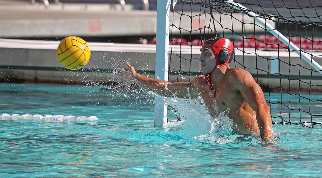 Wesley Hertel sticks out his right arm to block a shot.