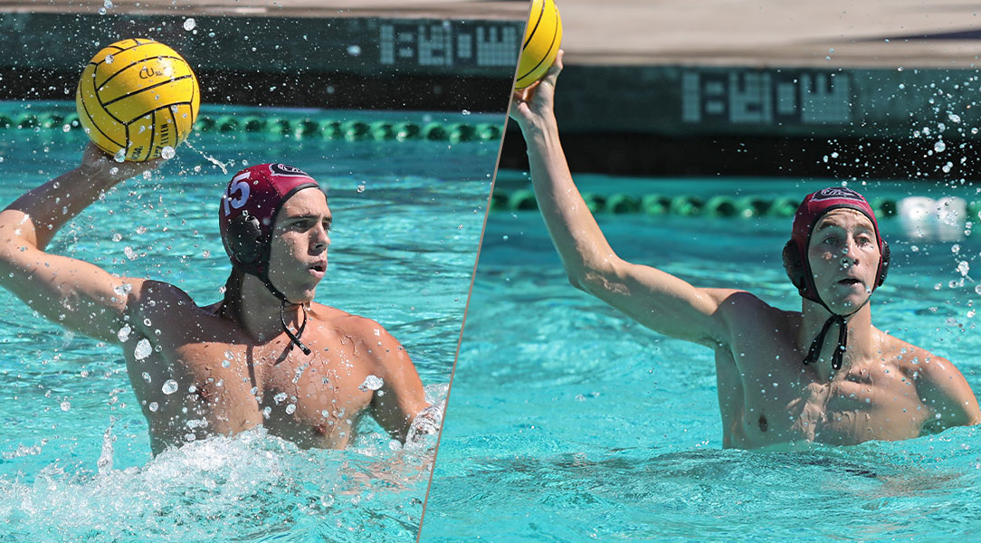 Ryan Baumann and Everett Pussak playing water polo on the pool.