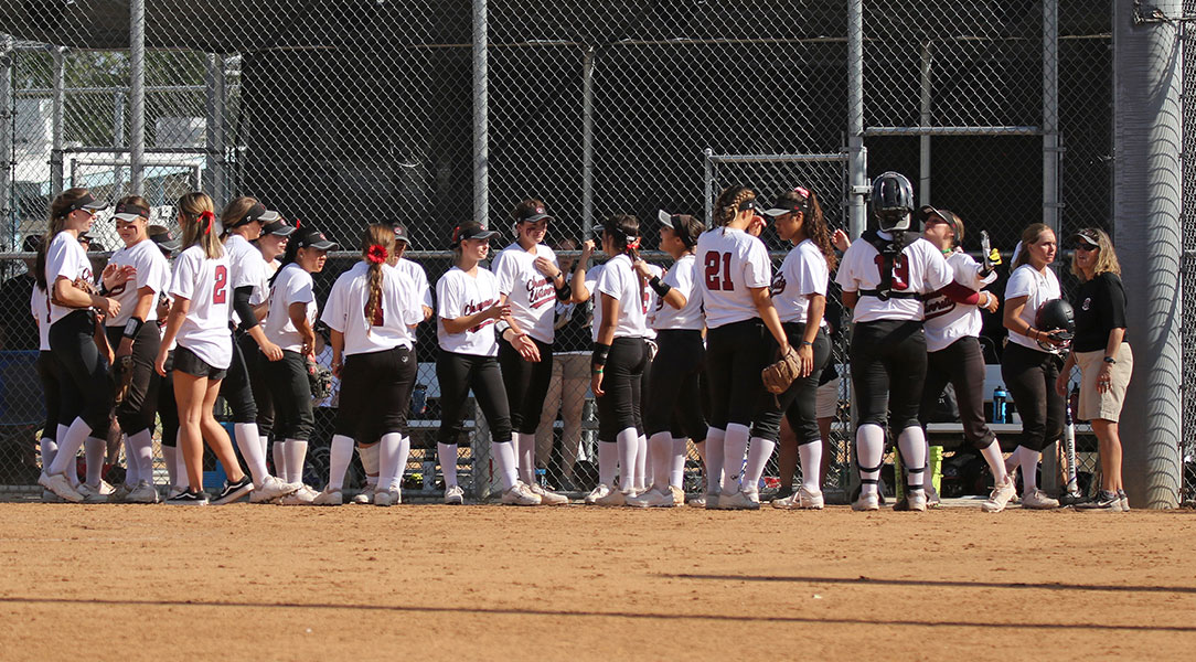 The softball team gathers in front of the dugout.