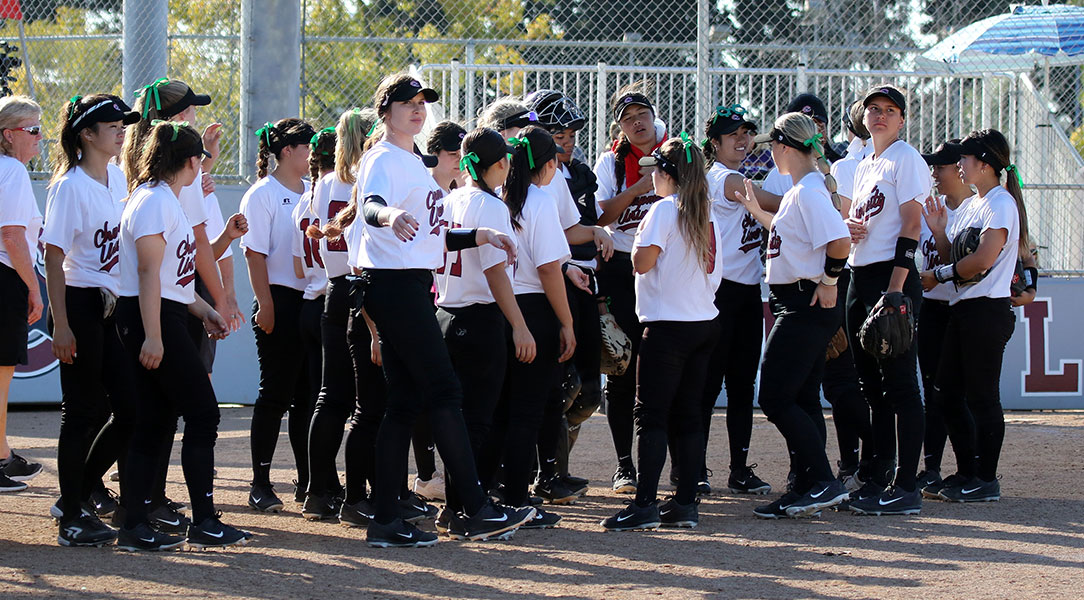 The softball team huddles.