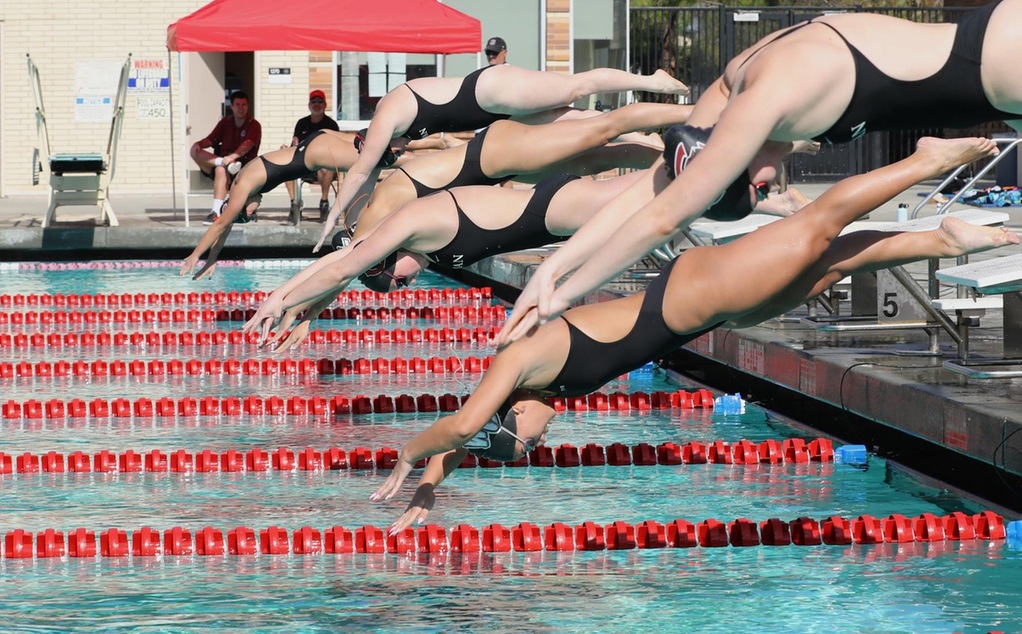 Female swimmers dive in off the blocks.