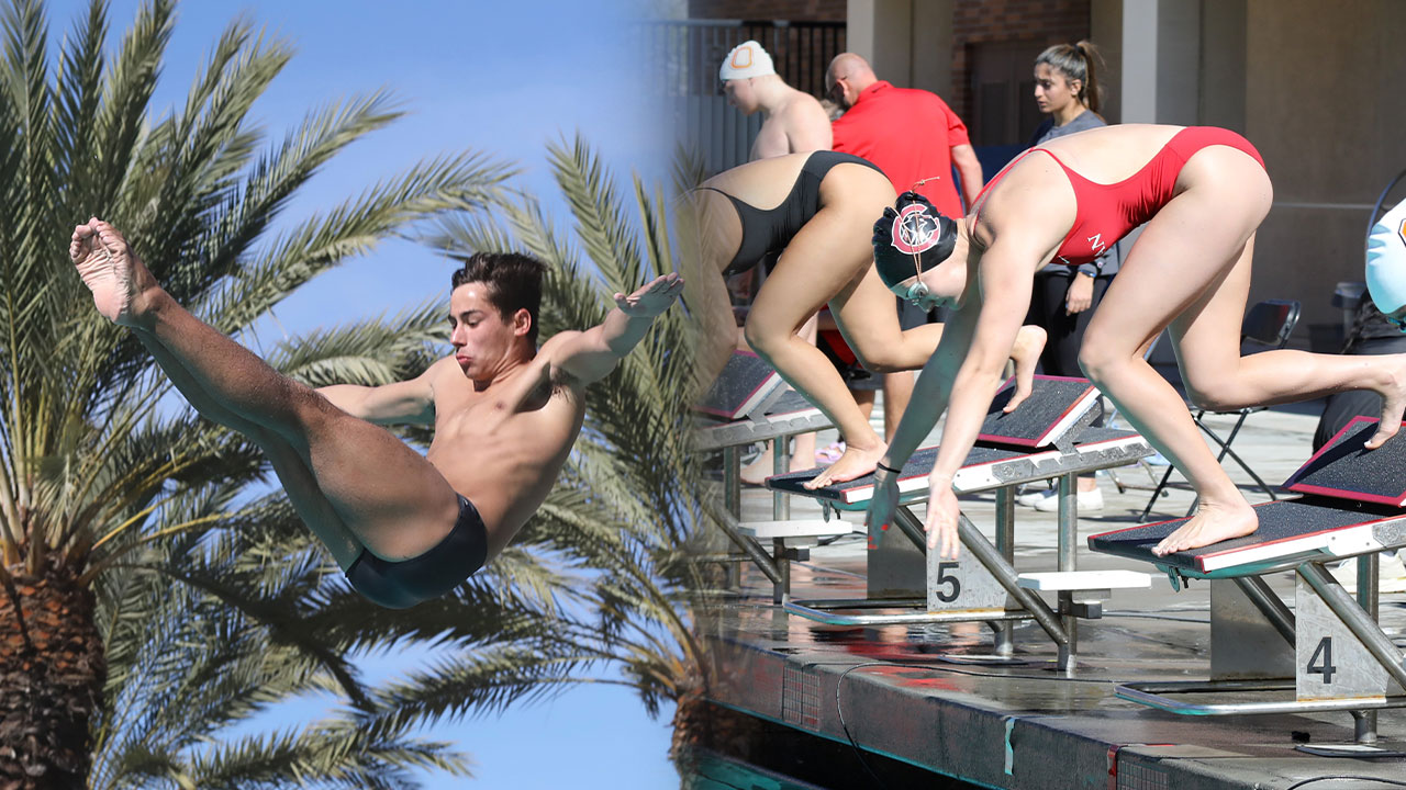 Photos Jake Randazzo flipping in the air and Avery Hall on the starting block.