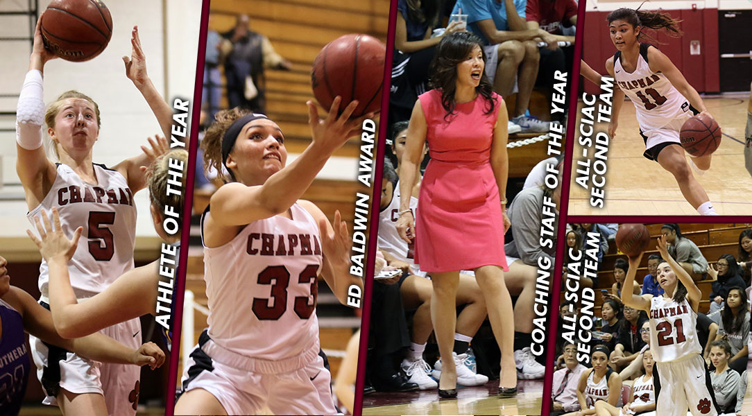 From left to right, Lucy Criswell Athlete of the Year, Irma Munoz Ed Baldwin Award, Carol Jue Coaching Staff of the Year, Jaryn Fajardo All-SCIAC second team, Jaime Hum-Nishikado All-SCIAC second team