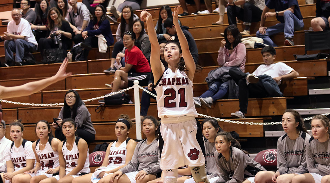 Jaime Hum-Nishikado shoots a three-point shot.