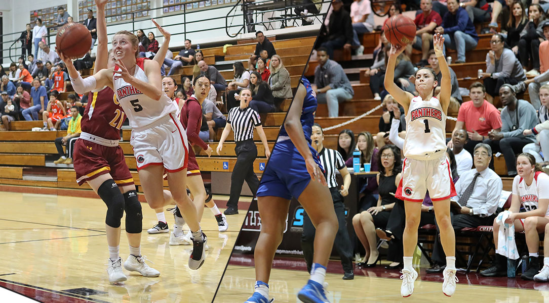Split screen of Lucy Criswell and Julianna Campas shooting the basketball.