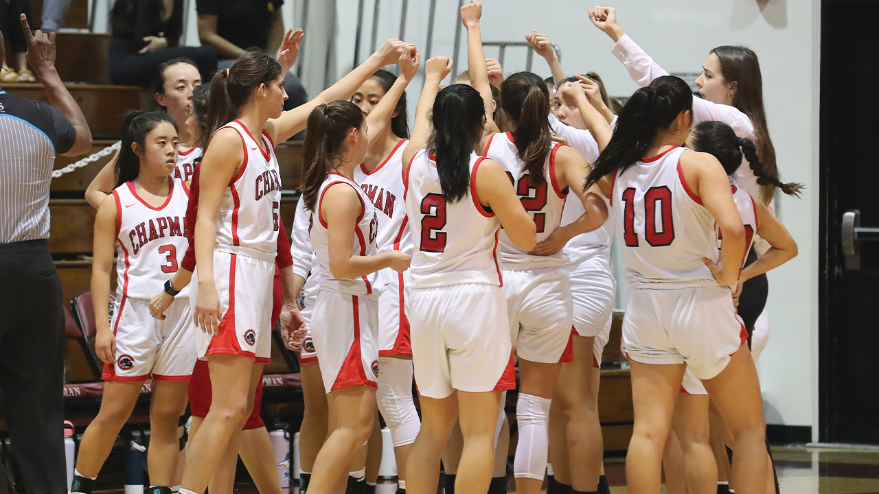 The women's basketball team huddles during a timeout.