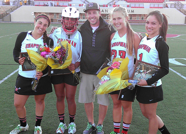 (from l to r): Seniors Gabby David, Anjali Thota, Audrey Benjamin and Cristina Chan with head coach Brian Eisenberg