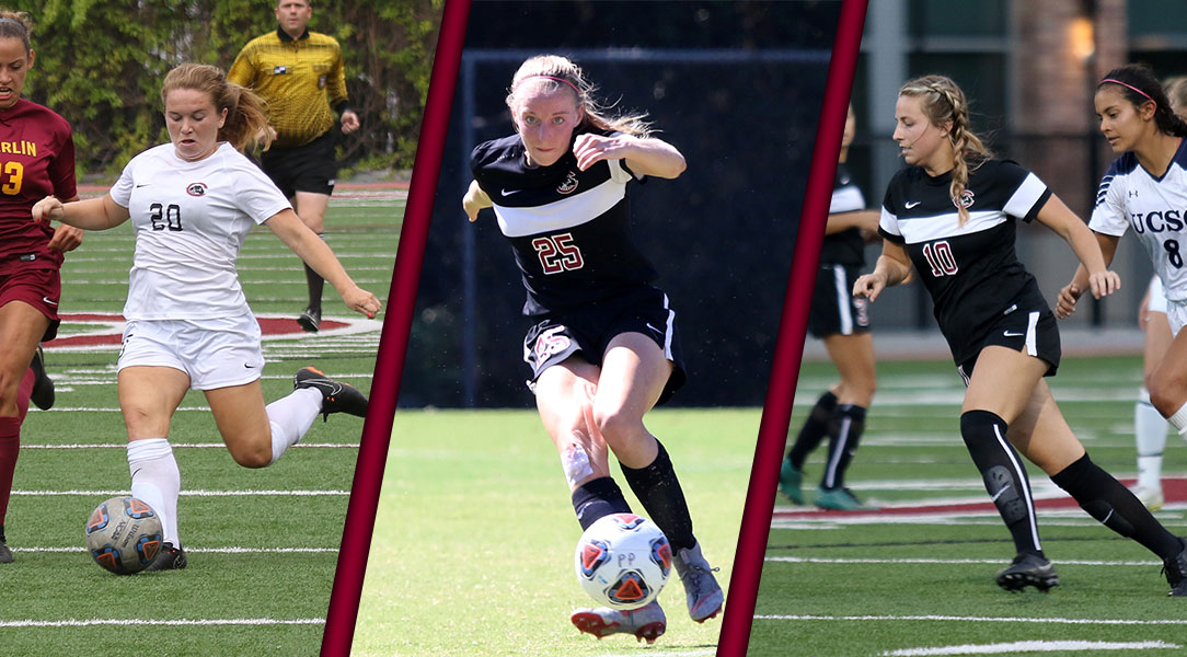Emmie Farber, Faith Holloway, and Shelby Brown dribble.