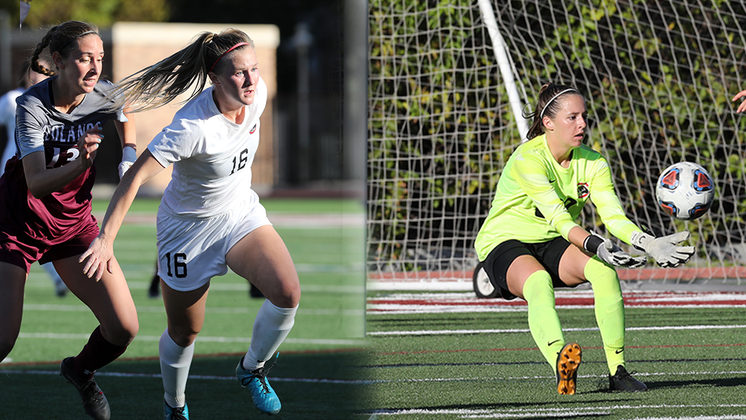 Jessie Roux runs towards the ball while Kelsey Bland on the other side of the image saves a ball going into the goal.