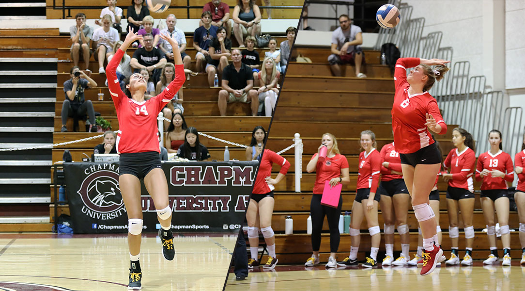 Split screen of Sophie Srivastava setting and Jessi Lumsden serving.