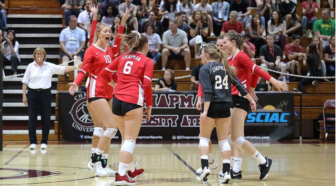 The team celebrates a point on the court.