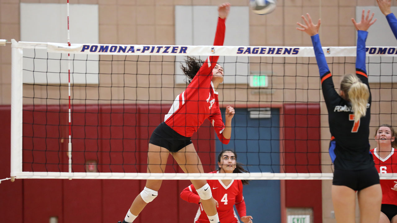 Sophie Srivastava spikes a volleyball.