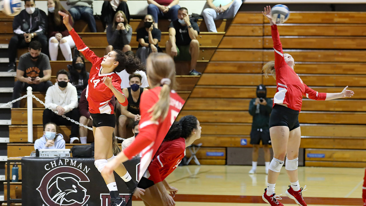 Split screen of Sophie Srivastava and Jessi Lumsden hitting a volleyball.