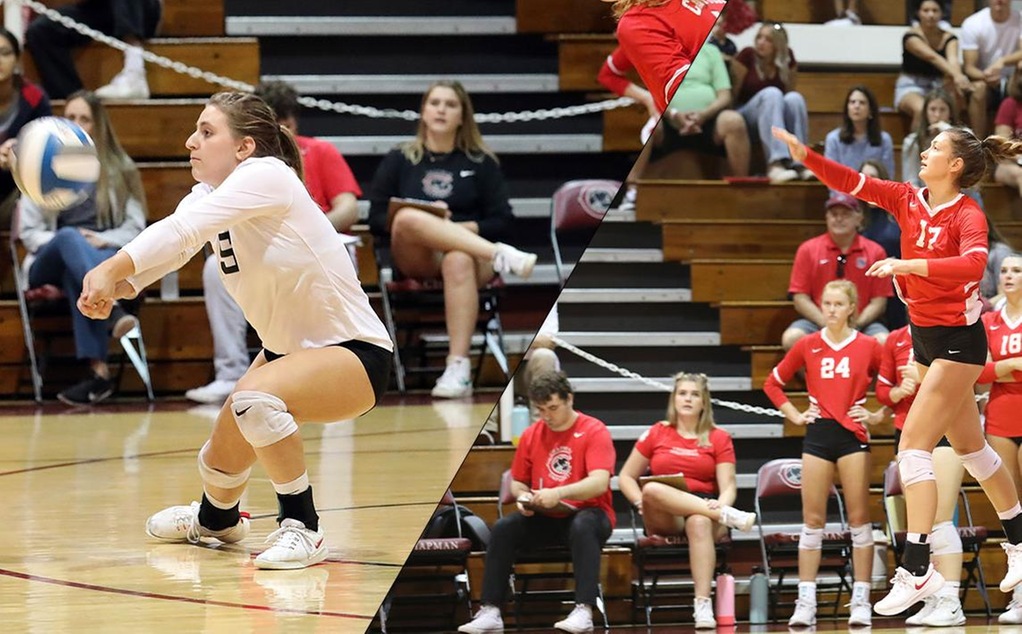 Cat Helgeson passes a volleyball and Julin Kenison serves.