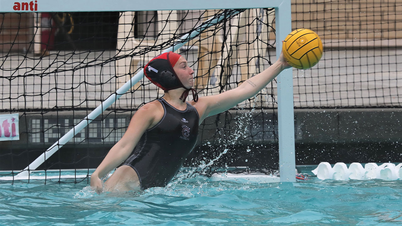 The goalie rises out of the water to make a save.